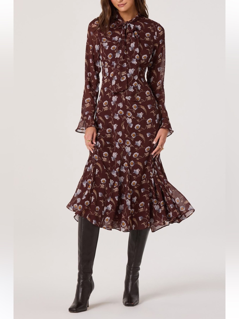 Astr Floral Tie Neck Long Sleeve Dress NWT - Picture 5 of 6